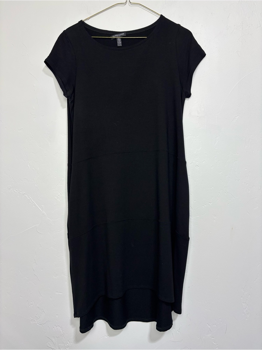 Eileen Fisher Women's Petite PM Black Solid Knit Shift Midi Dress Cap Sleeve